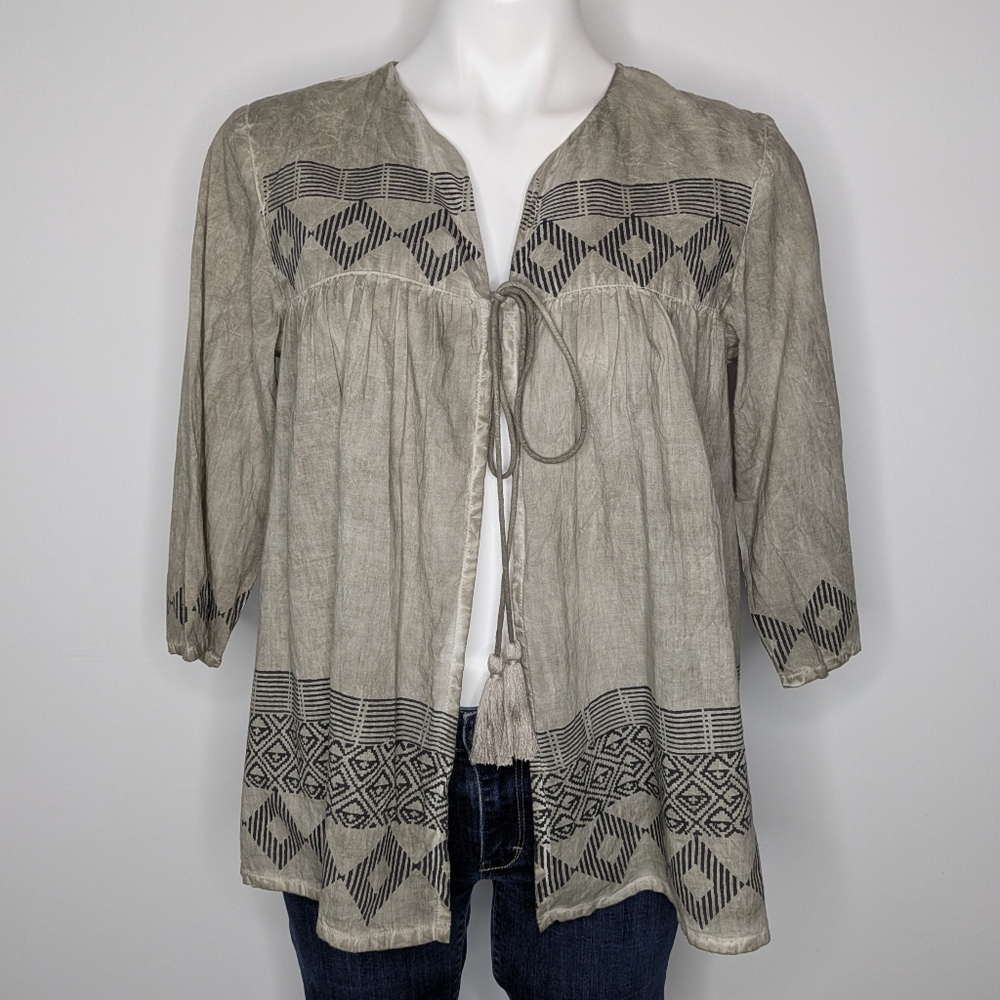 Crosstree Lane Muted Green Black Geometric Tie Front Cotton Cover Up Top L